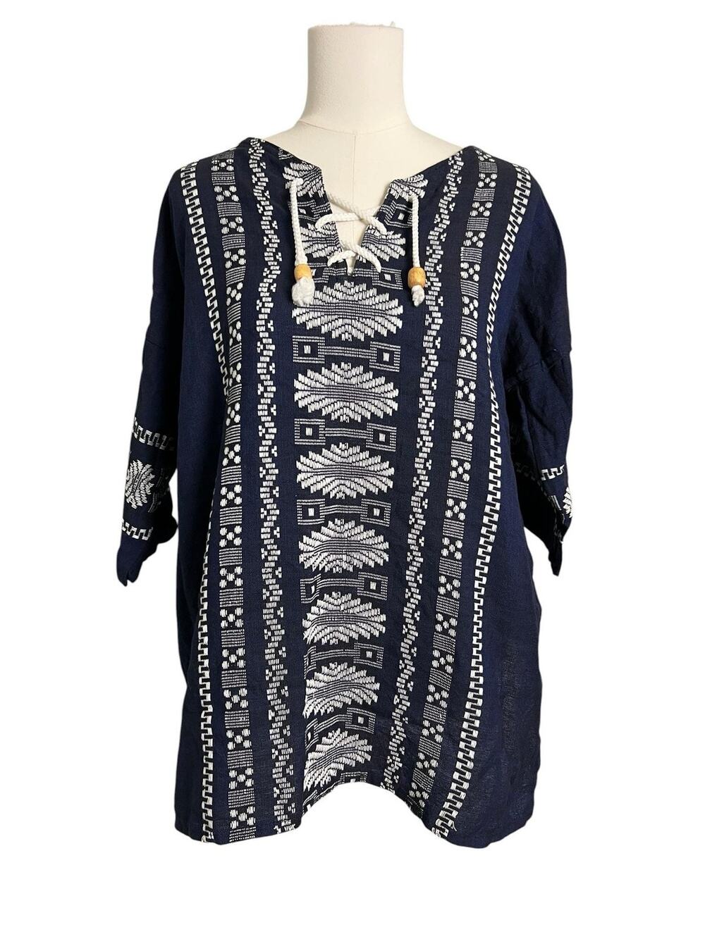 Boho Embroidered Tunic Blouse Womens XL Blue Geometric Kimono Sleeve Top